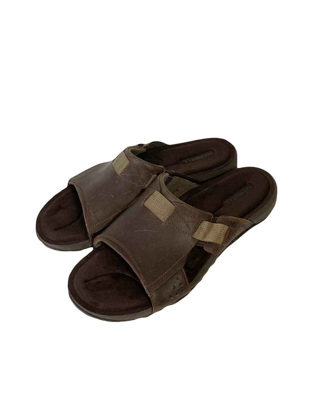 MERRILL Sandals Men 10 Brown Dark Earth Performance Slides CutOut Leather